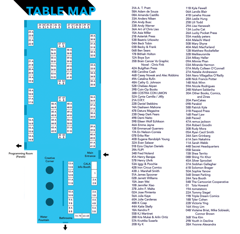 Table map with a list of names.