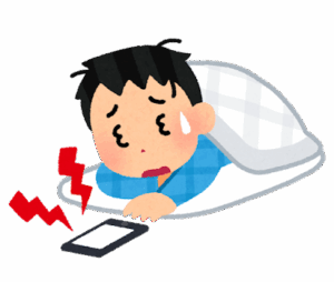 A drawing of a cartoony man waking up from sleep to a buzzing phone.